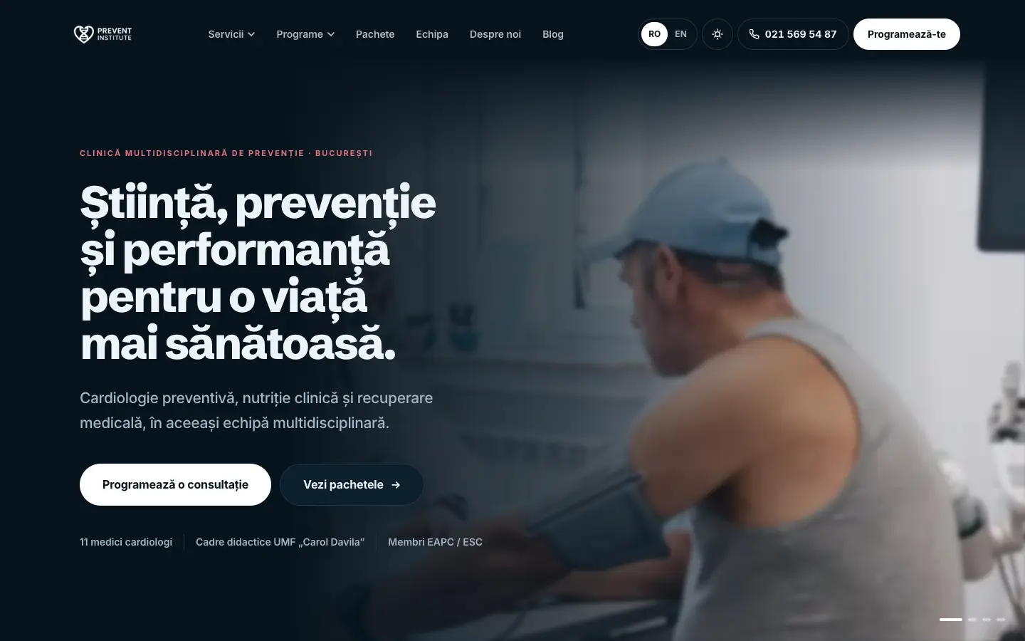 Prima pagină Prevent Institute pe desktop, cu titlul despre știință, prevenție și performanță